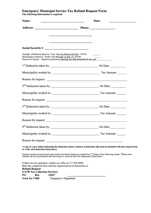 Emergency Municipal Service Tax Refund Request Form Printable pdf