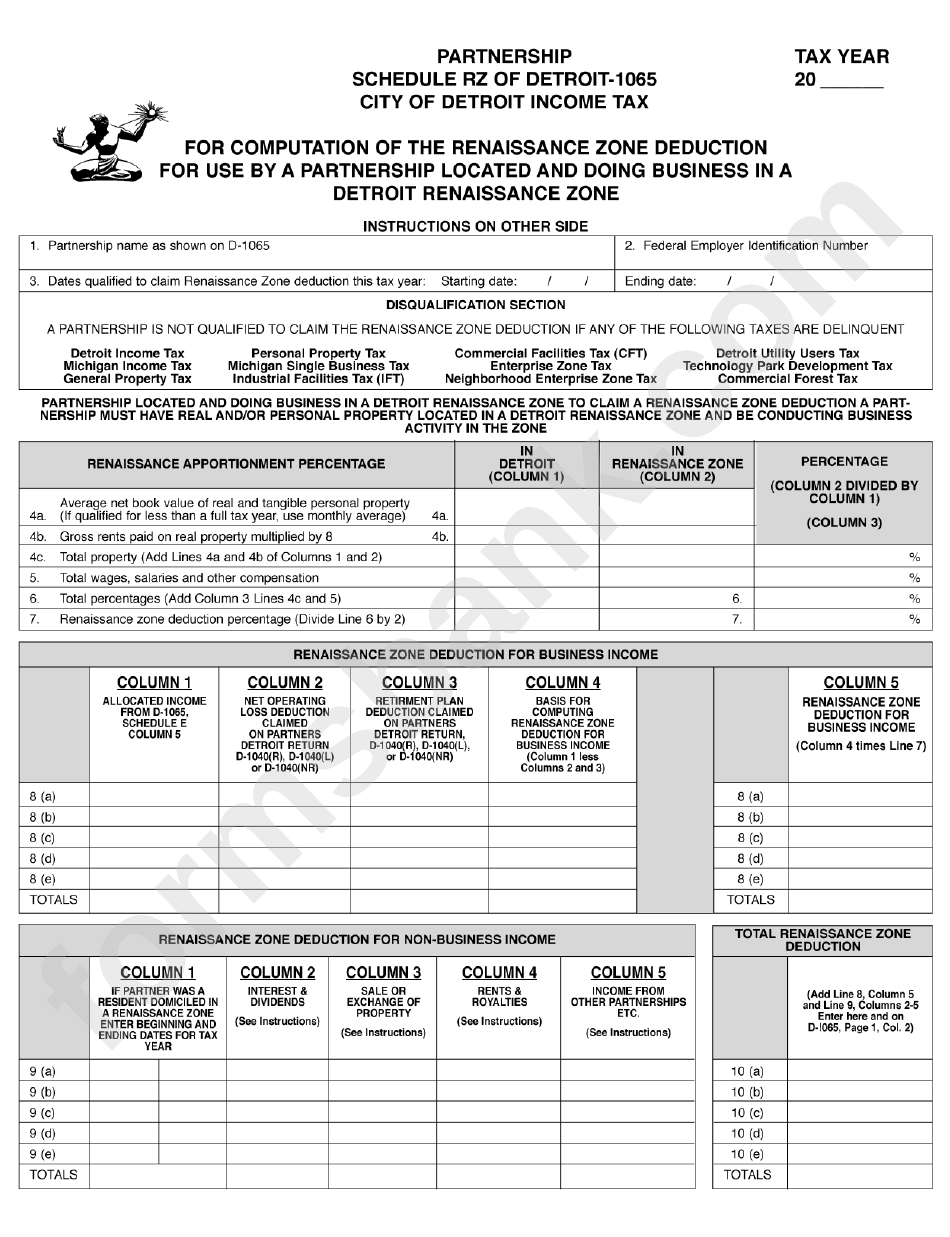 Partnership Schedule Rz Of Form Detroit-1065 - Computation Of The Renaissance Zone Deduction