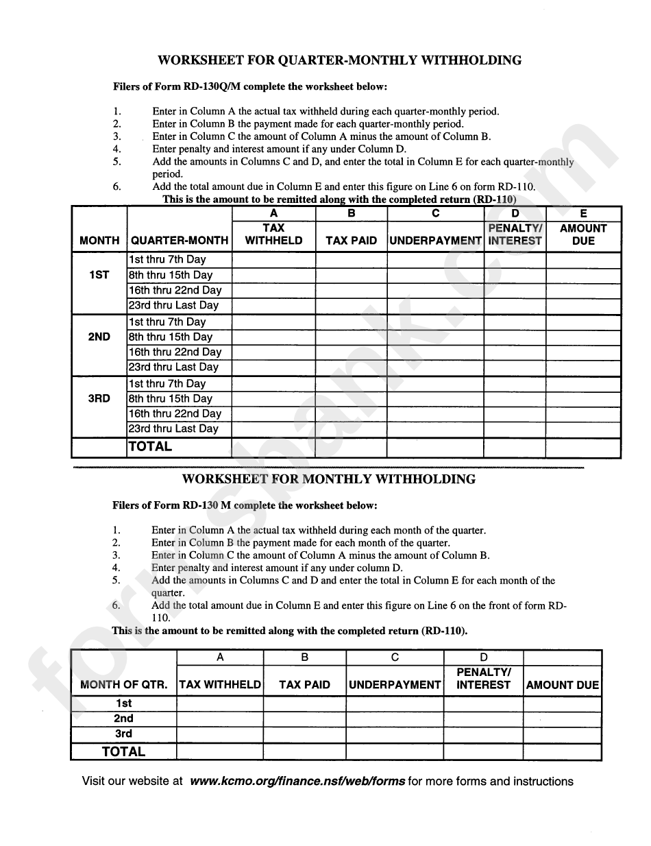 Worksheet For Quarter-Monthly Withholdings (Form Rd-140) - City Of Kansas City