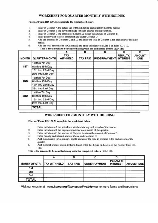Worksheet For Quarter-Monthly Withholdings (Form Rd-140) - City Of Kansas City Printable pdf