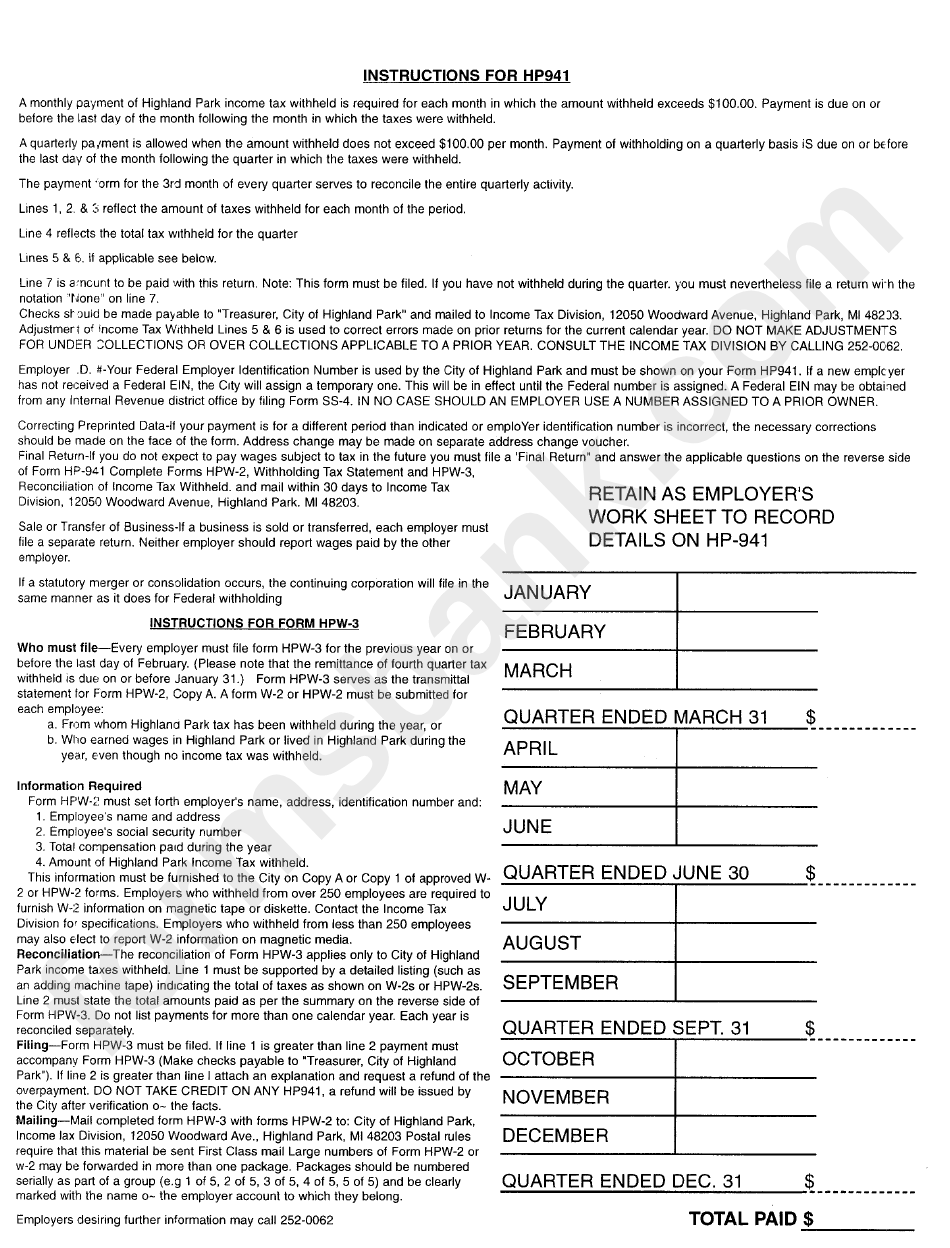 Instructions For Form Hp941 - Highland Park Income Tax Withheld