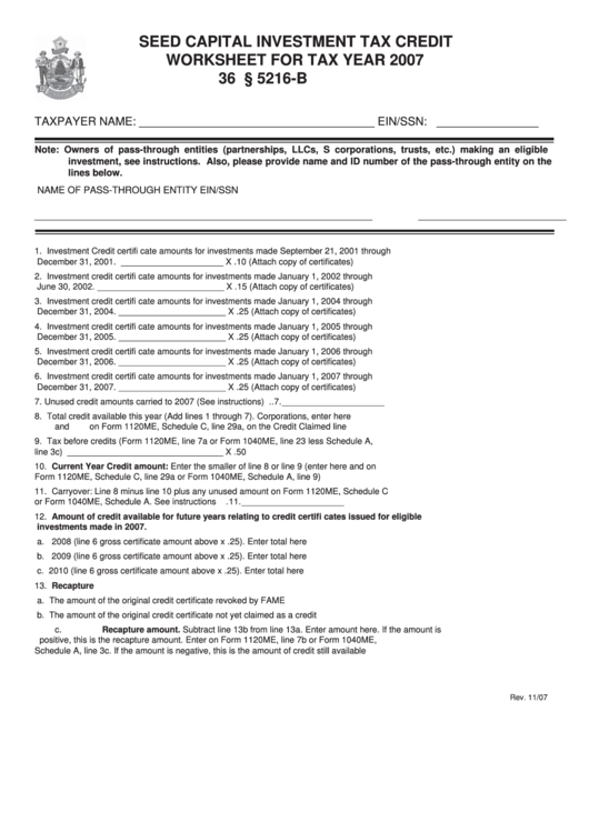 Seed Capital Investment Tax Credit Worksheet - Maine Revenue Services - 2007 Printable pdf