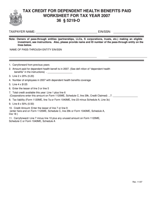 Tax Credit For Dependent Health Benefits Paid Worksheet - Maine Revenue Services - 2007 Printable pdf