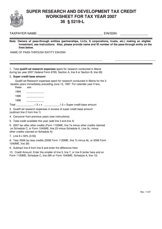 Form Super Research And Development Tax Credit Worksheet For Tax Year 2007 Printable pdf