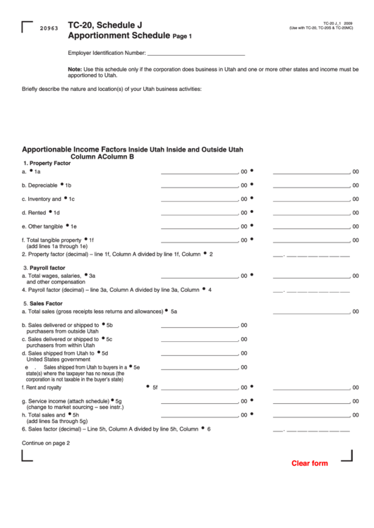 Fillable Schedule J (Form Tc-20) - Apportionment Schedule - 2009 Printable pdf