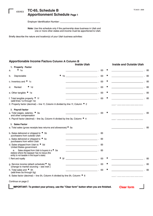 Fillable Schedule B (Form Tc-65) - Apportionment Schedule - 2009 Printable pdf