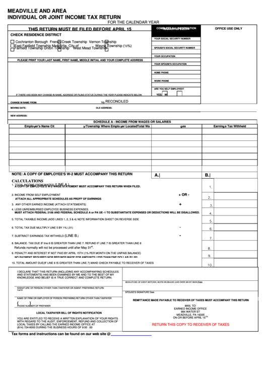 Individual Or Joint Income Tax Return - Meadville And Area printable ...