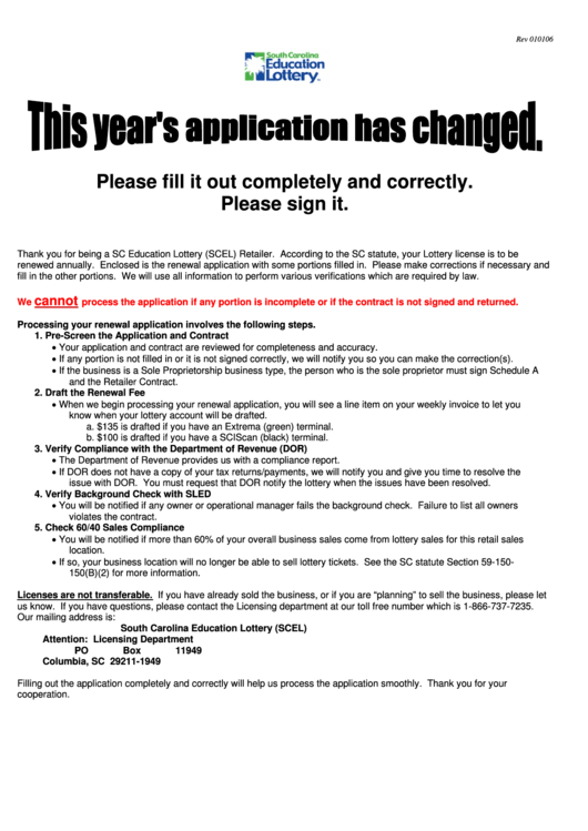 Scel Retailer License Application - South Carolina Education Lottery Licensing Department Printable pdf