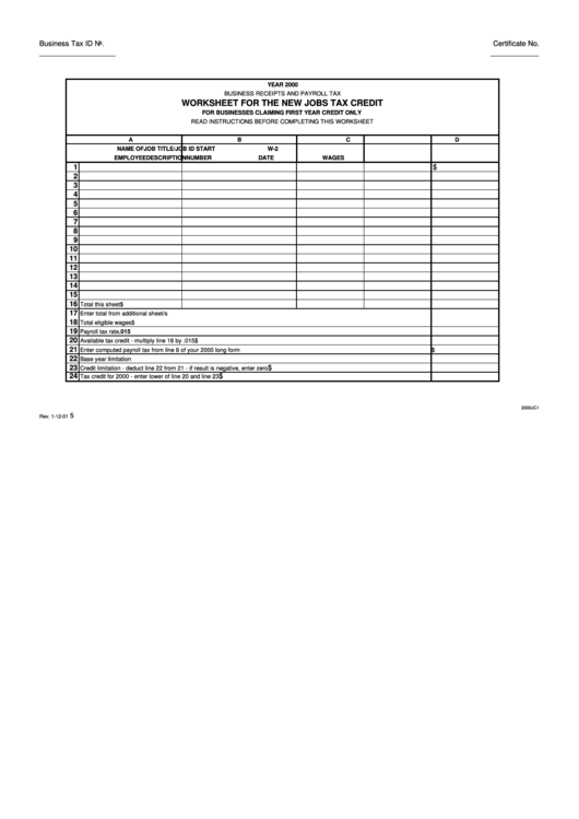 Worksheet For The New Jobs Tax Credit - 2000 Printable pdf