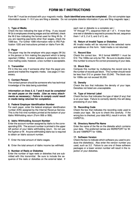 Form 96-T Instructions - Idaho Magnetic Media Transmittal Printable pdf