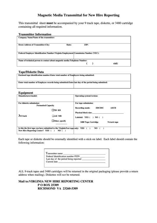 Magnetic Media Transmittal For New Hire Reporting - State Of Virginia Printable pdf
