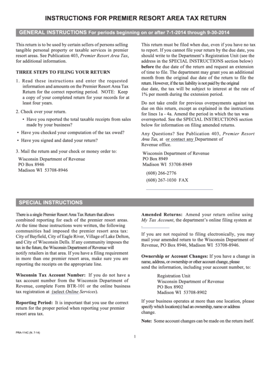 Instructions For Form Pra-114c - Premier Resort Area Tax Return Printable pdf