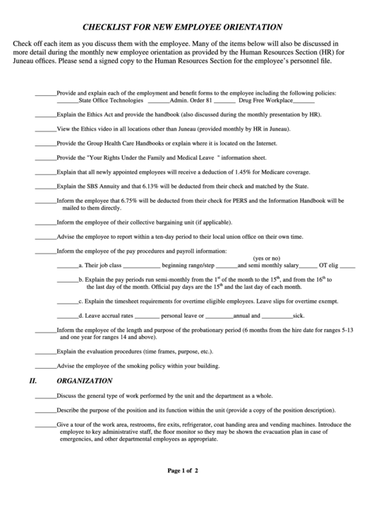 Checklist For New Employee Orientation Form Printable pdf