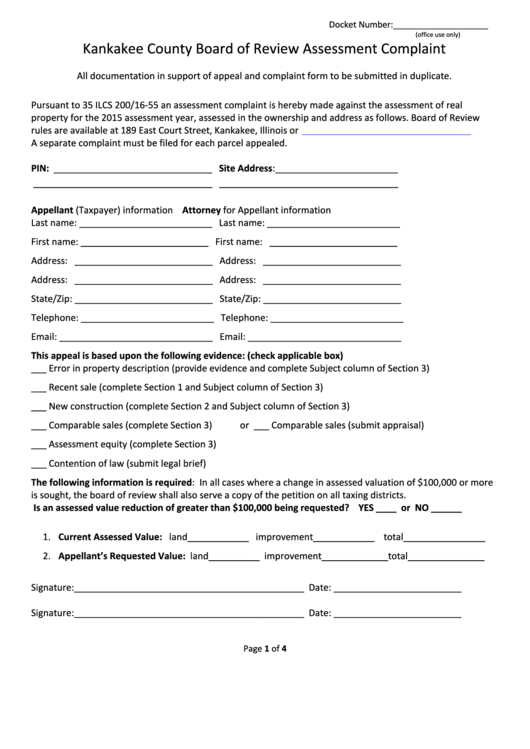 Assessment Complaint Form - Kankakee County Board Of Review Printable pdf