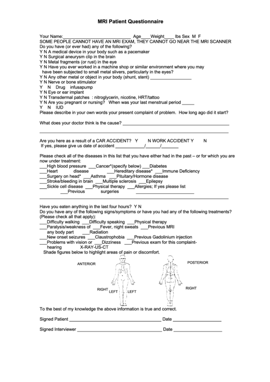 Mri Patient Questionnaire Template Printable pdf