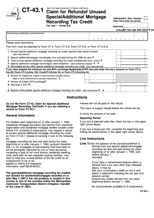 Form Ct-43.1 - Claim For Refund Of Unused Special Additional Mortgage Recording Tax Credit - 1998 Printable pdf