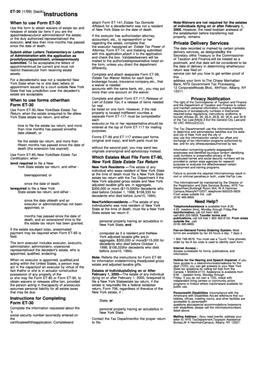 Instructions For Form Et-30 - Release(S) Of Estate Tax Lien Printable pdf