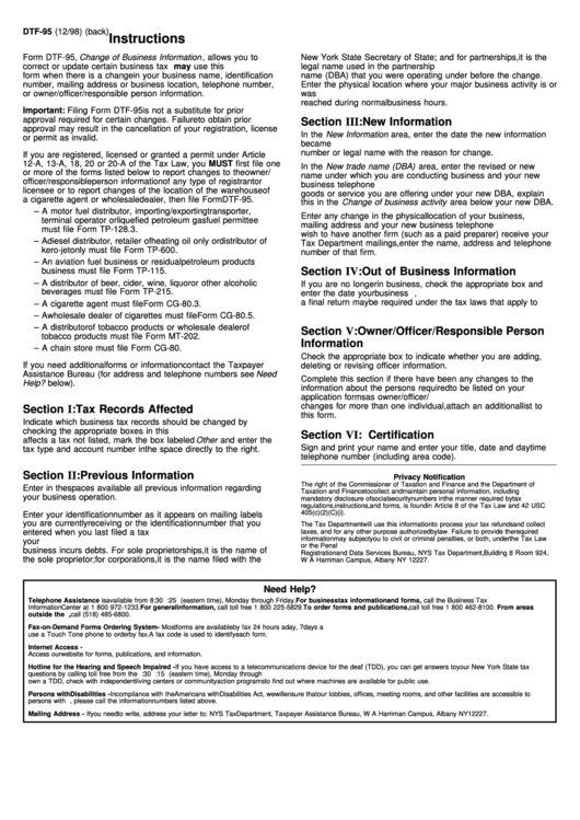 Instructions For Form Dtf-95 - Change Of Business Information Printable pdf