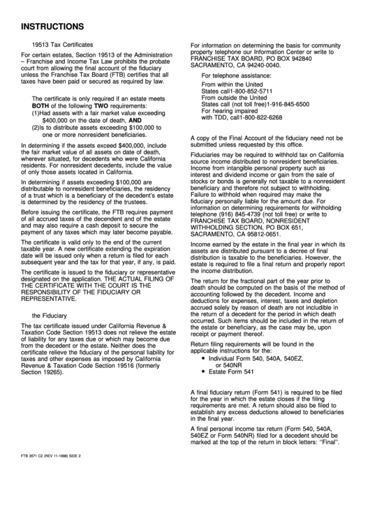 Instructions For Form Ftb 3571 - Request For Estate Income Tax Certificate Printable pdf