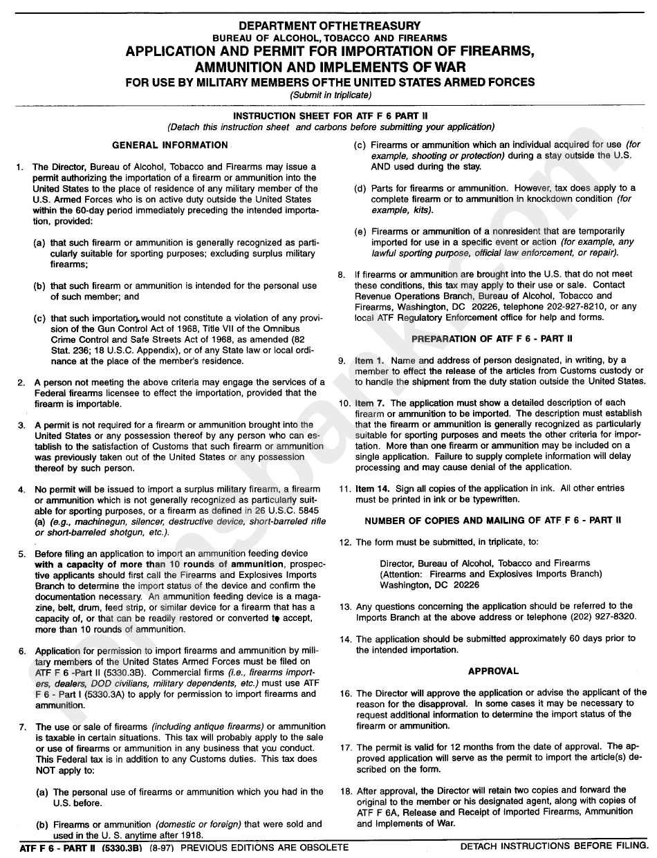 Form Atf F 6 - Application And Permit For Importation Of Firearms, Ammunition And Implements Of War