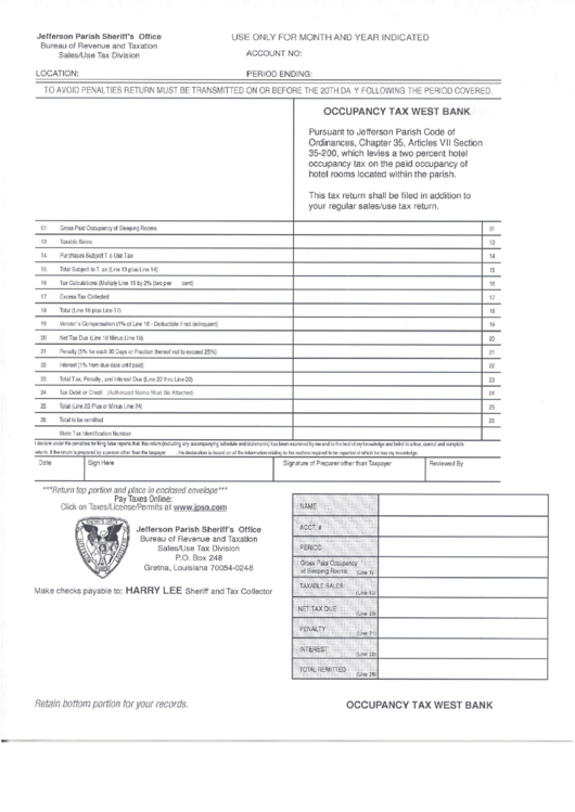Occupancy Tax West Bank - Jefferson Parish Printable pdf