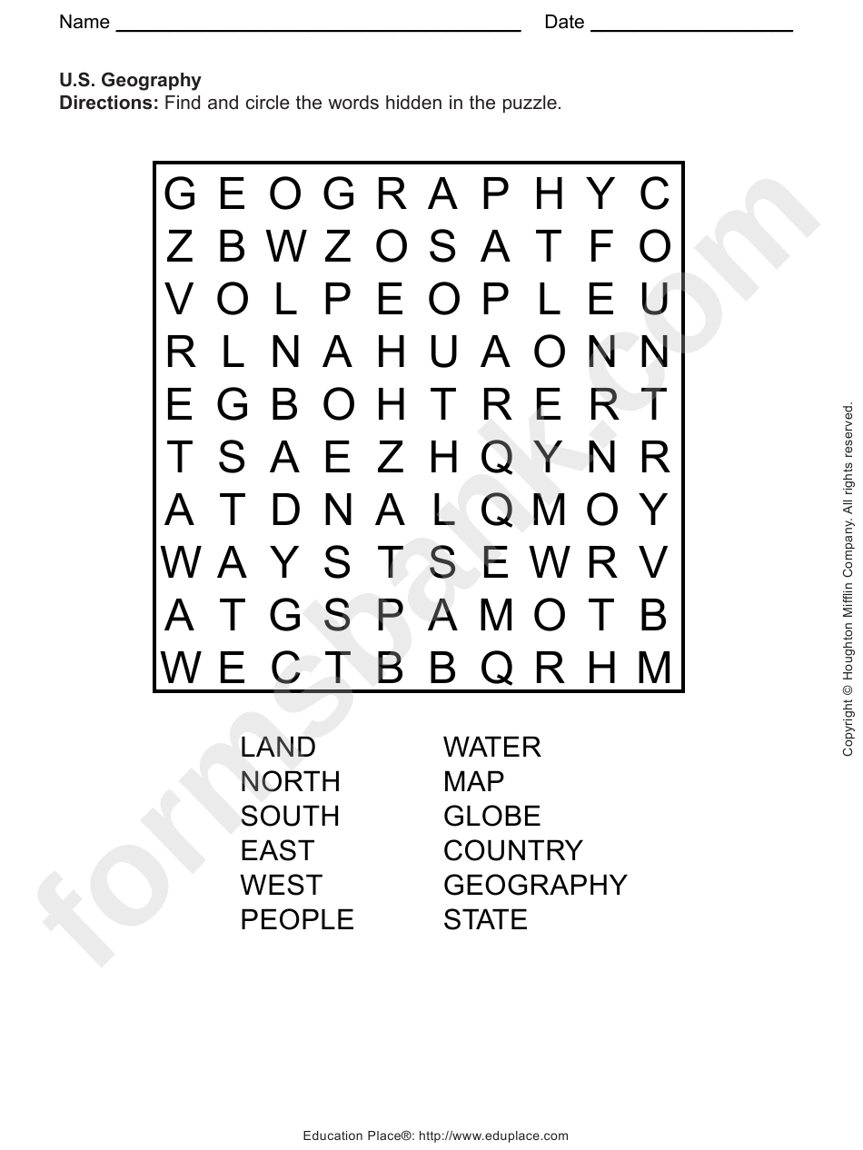 U.s. Geography Word Search Puzzle Template