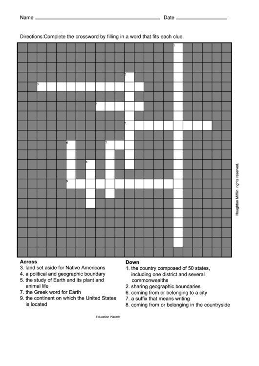 U.s. Geography Cross Word Template Printable pdf