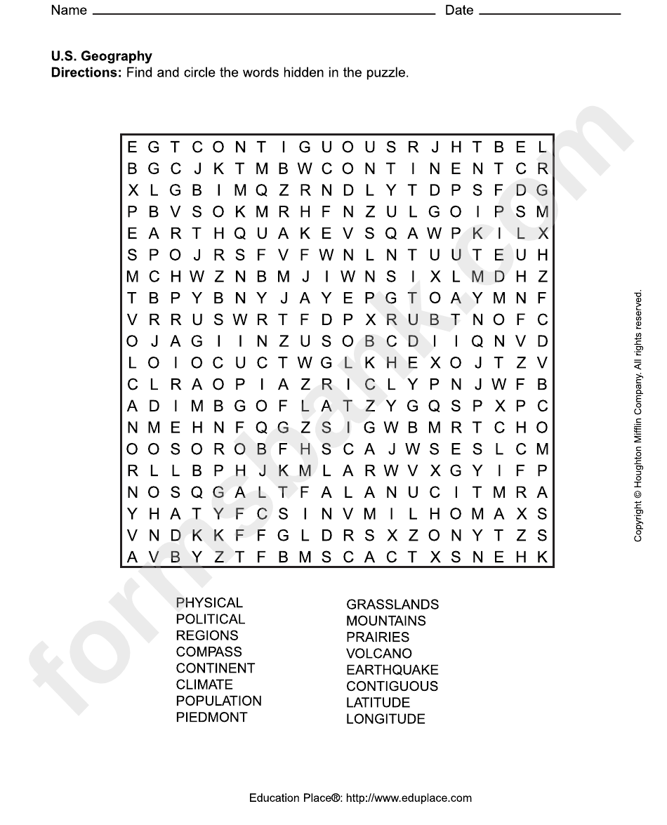 U.s. Geography Word Search Puzzle Template