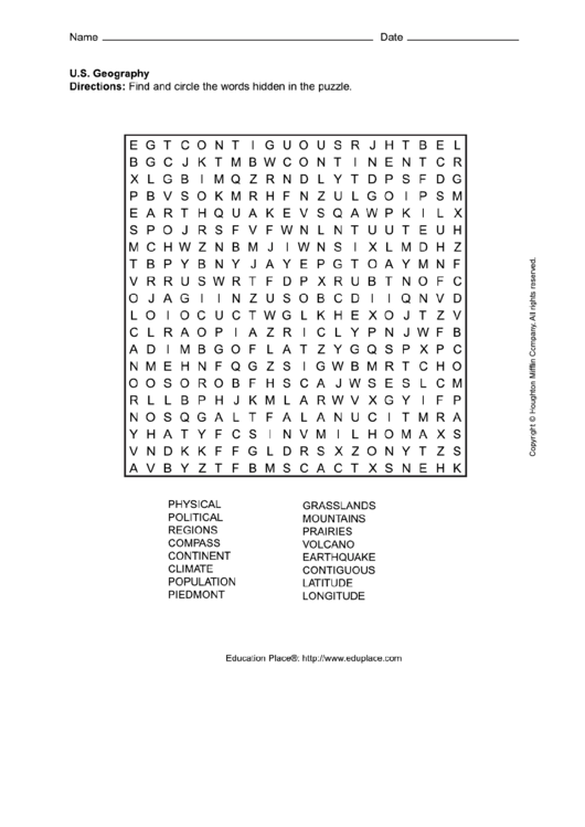 U.s. Geography Word Search Puzzle Template Printable pdf