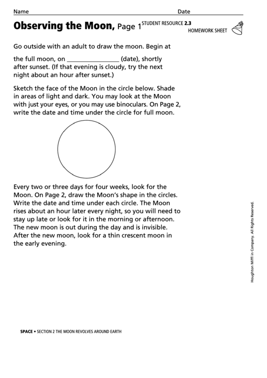 Observing The Moon Space Homework Sheet Printable pdf