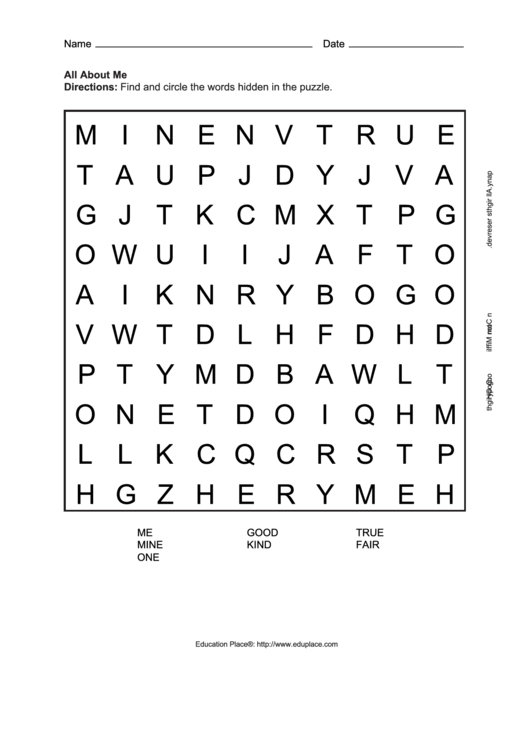 All About Me Word Search Puzzle Printable pdf