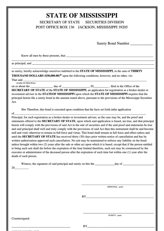 Surety Bond Form Mississippi Secretary Of State Printable Pdf Download 1494