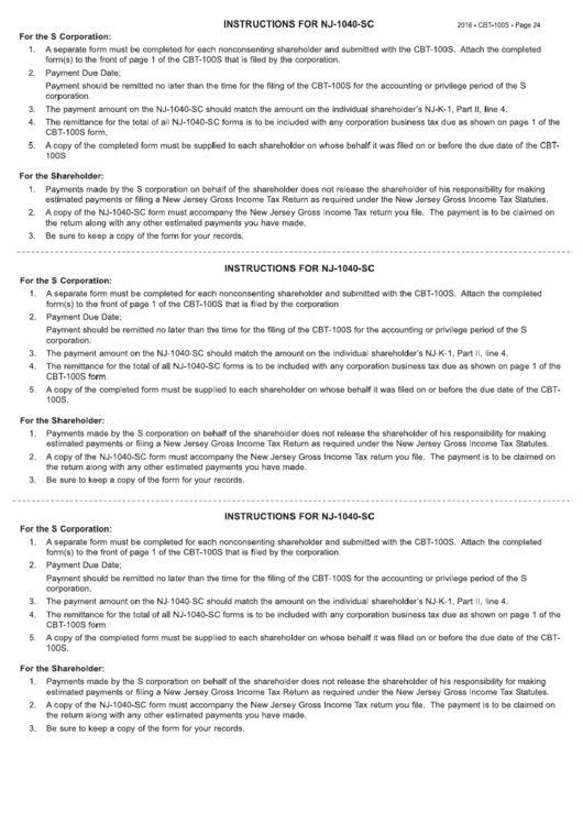 Instructions For Form Nj-1040-Sc -S Corporation Business Tax Return - 2016 Printable pdf