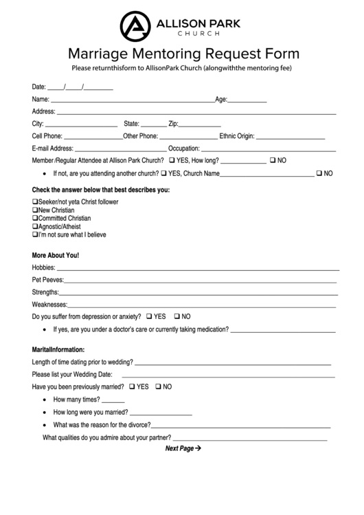 Fillable Marriage Mentoring Request Form Printable pdf