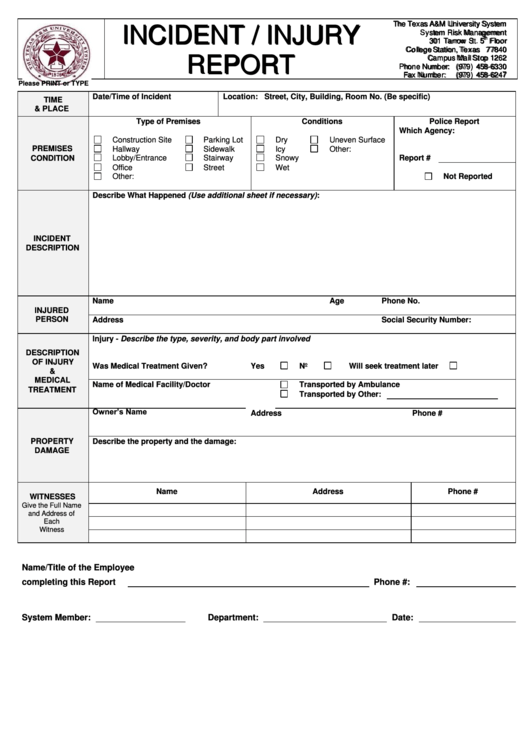 Injury Report Form Template