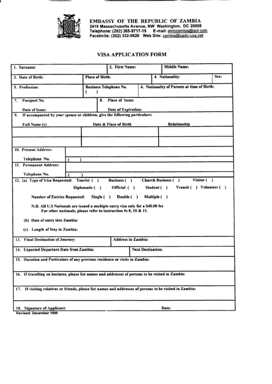 Fillable Visa Application Form - Embassy Of The Republic Of Zambia Printable pdf