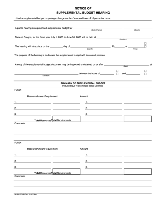 Fillable Form 150-504-073-8 - Notice Of Supplemental Budget Hearing Printable pdf