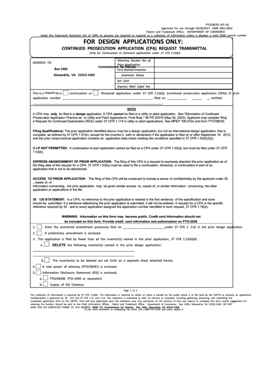 Form Pto/sb/29 - Continued Prosecution Application (cpa) Request Transmittal