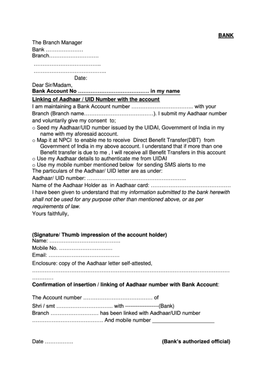 Bank Account-aadhaar Linkage Application Form