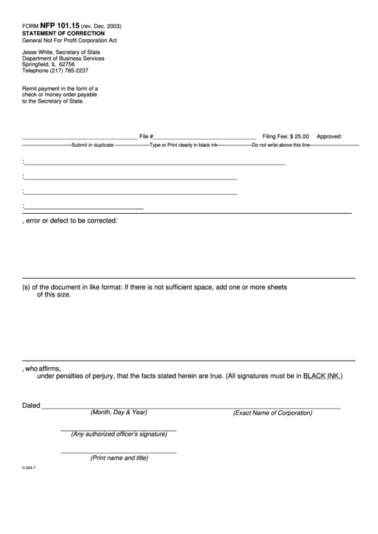Fillable Form Nfp 101.15 - Statement Of Correction General Not For Profit Corporation Act Printable pdf
