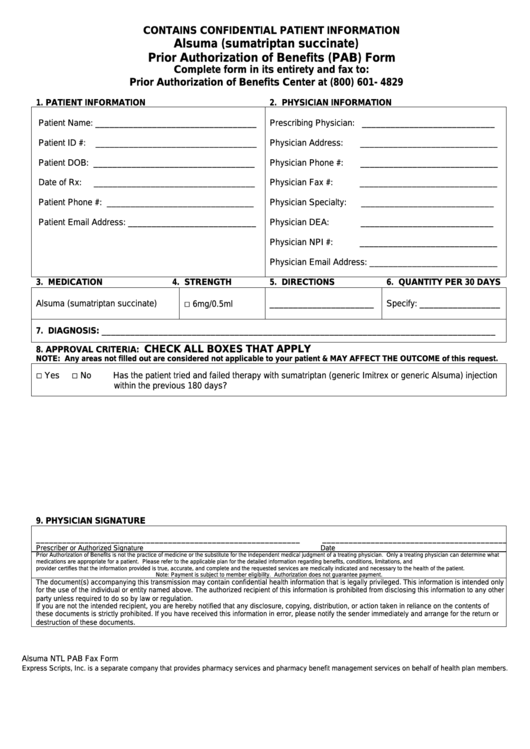 Alsuma (Sumatriptan Succinate) Prior Authorization Of Benefits (Pab) Form Printable pdf