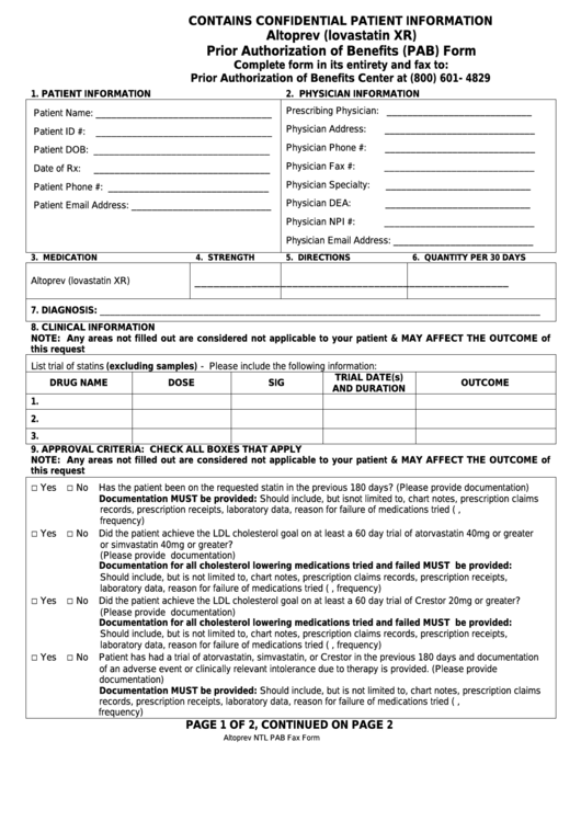 Altoprev (Lovastatin Xr) Prior Authorization Of Benefits (Pab) Form Printable pdf