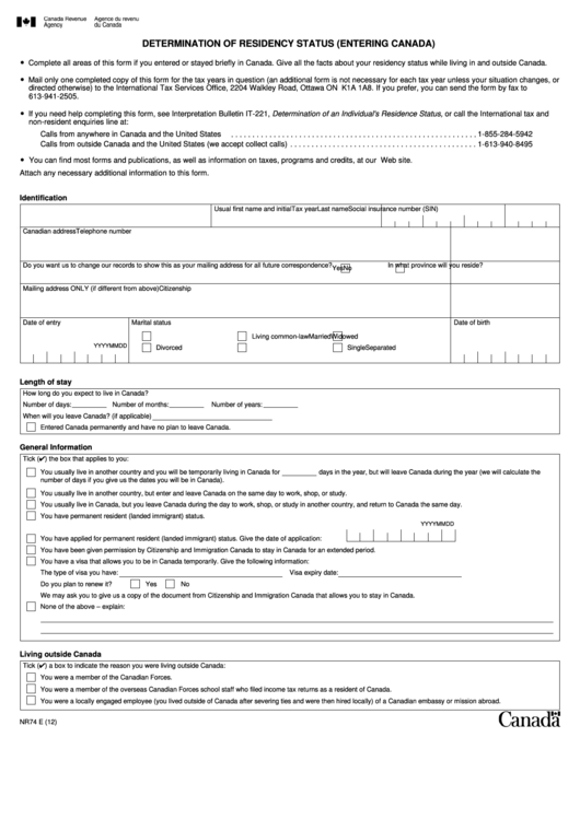 Form Nr74 E - Determination Of Residency Status (Entering Canada) Printable pdf