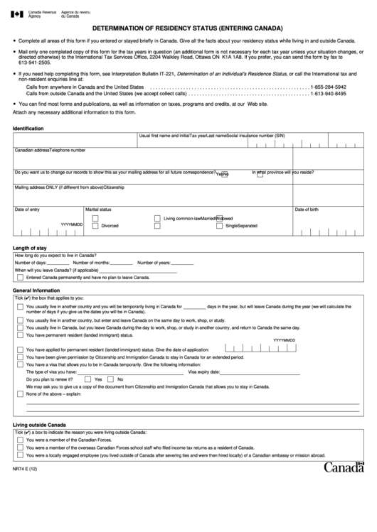 Form Nr74 E - Determination Of Residency Status (Entering Canada ...