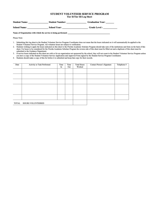 Student Volunteer Service Program - Tier 2/3 Log Sheet Printable pdf