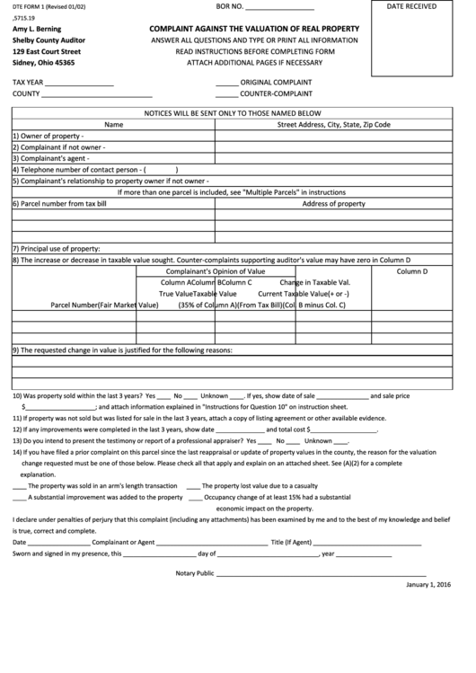 Dte Form 1 - Complaint Against The Valuation Of Real Property Printable pdf