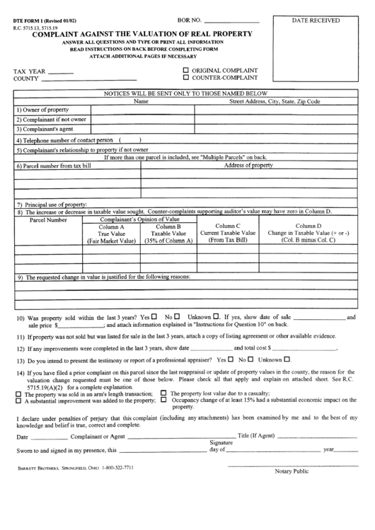 Dte Form 1 - Complaint Against The Valuation Of Real Property Printable pdf