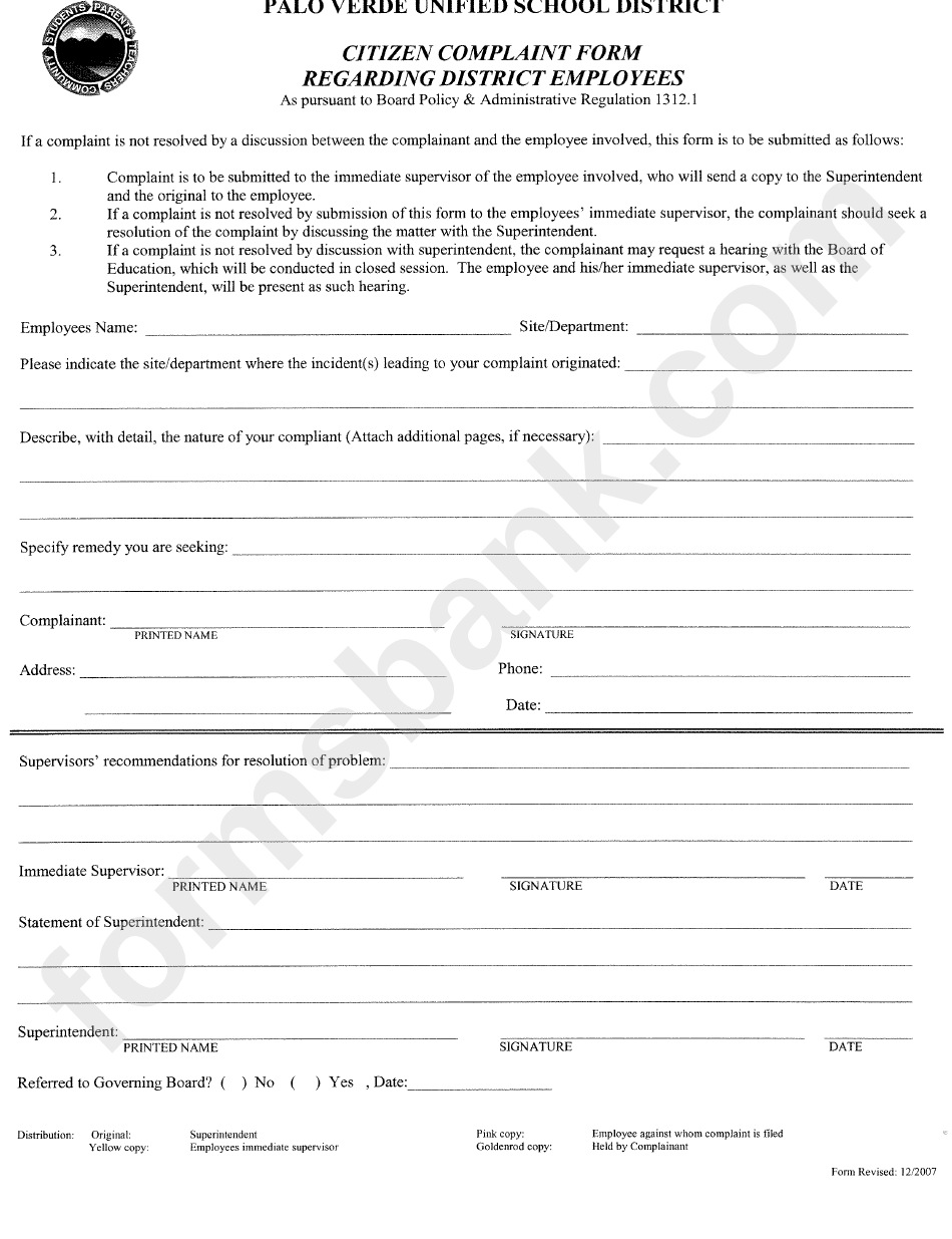 Citizen Complaint Form Regarding District Employees - Palo Verde Unified School Disctrict