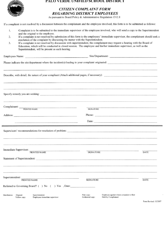 Citizen Complaint Form Regarding District Employees - Palo Verde Unified School Disctrict Printable pdf
