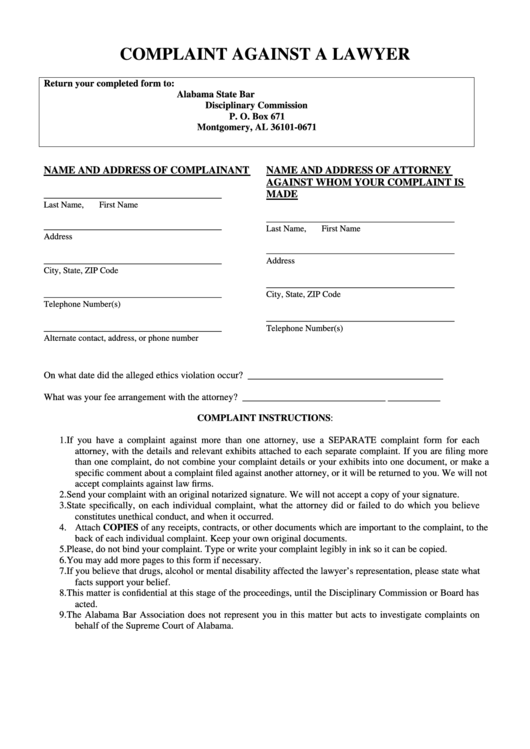 Complaint Against A Lawyer - Alabama State Bar Disciplinary Commission Printable pdf